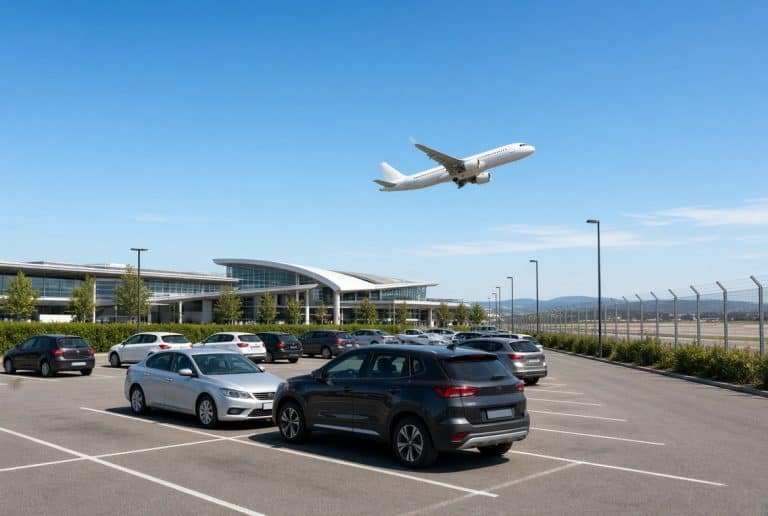 Parking sécurisé près de l’aéroport de Toulouse-Blagnac avec avion au décollage