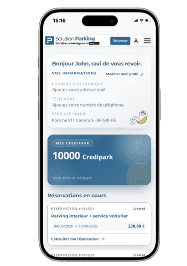 Interface du compte client Solution Parking affichant le solde de 10 000 Credipark et les réservations en cours