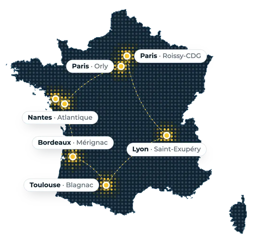 Carte de France des 7 parkings du réseau Solution Parking : Paris Roissy-Charles-de-Gaulle, Paris-Orly, Nantes Atlantique (deux parkings), Lyon Saint-Exupéry, Bordeaux-Mérignac et Toulouse-Blagnac