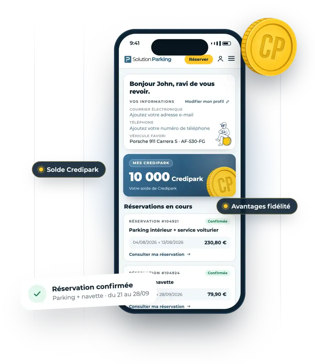 Espace client Solution Parking sur téléphone : solde de 10 000 Credipark, informations du compte et réservations en cours